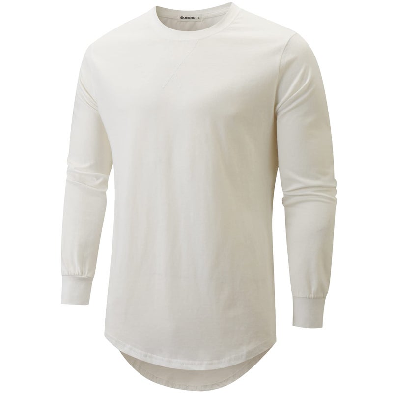 KLIEGOU Mens Cotton Hipster Hip Hop Longline Long Sleeve T Shirt 67(White XL) - Image 1